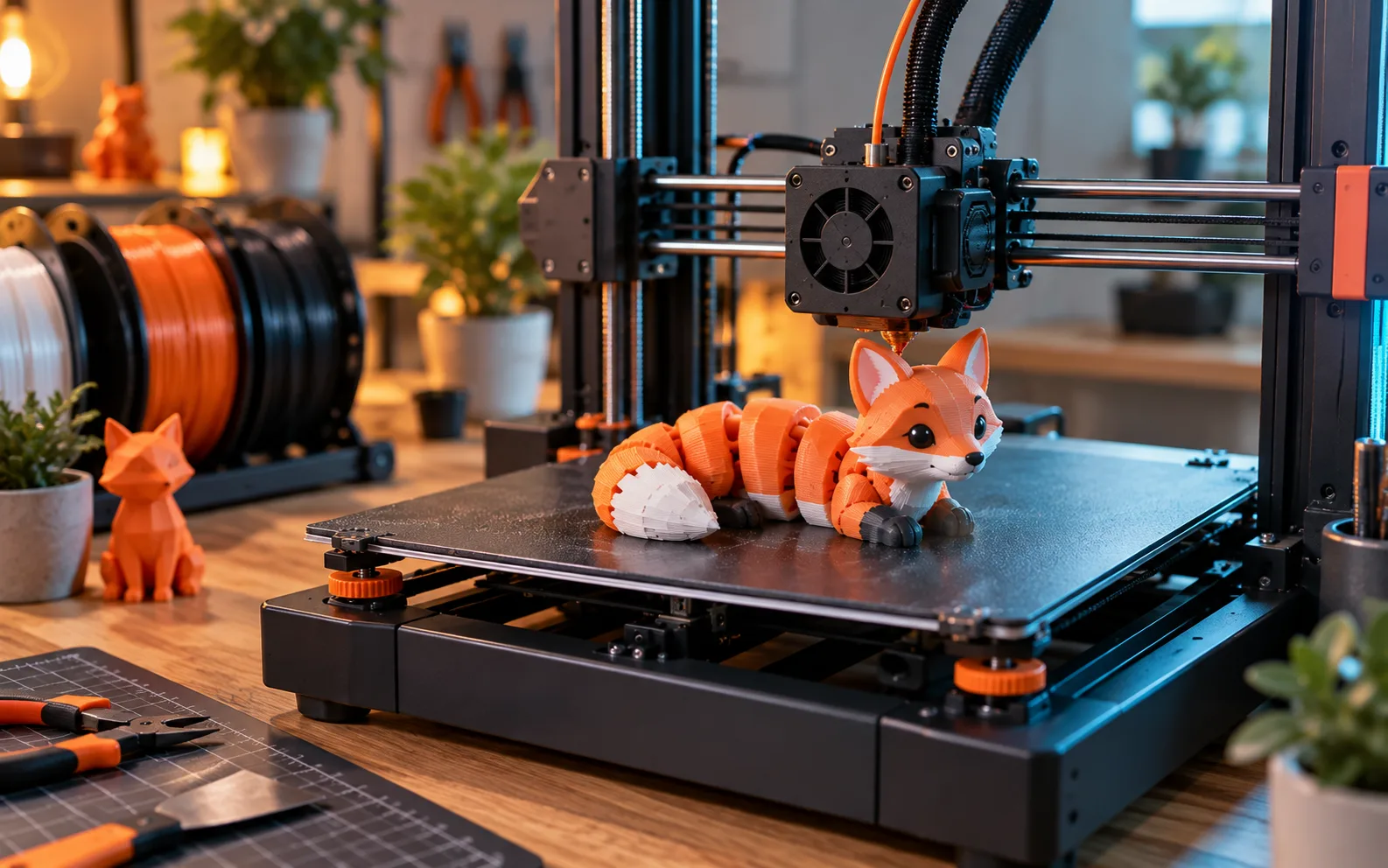 3D printer printing an articulated flexi fox figure